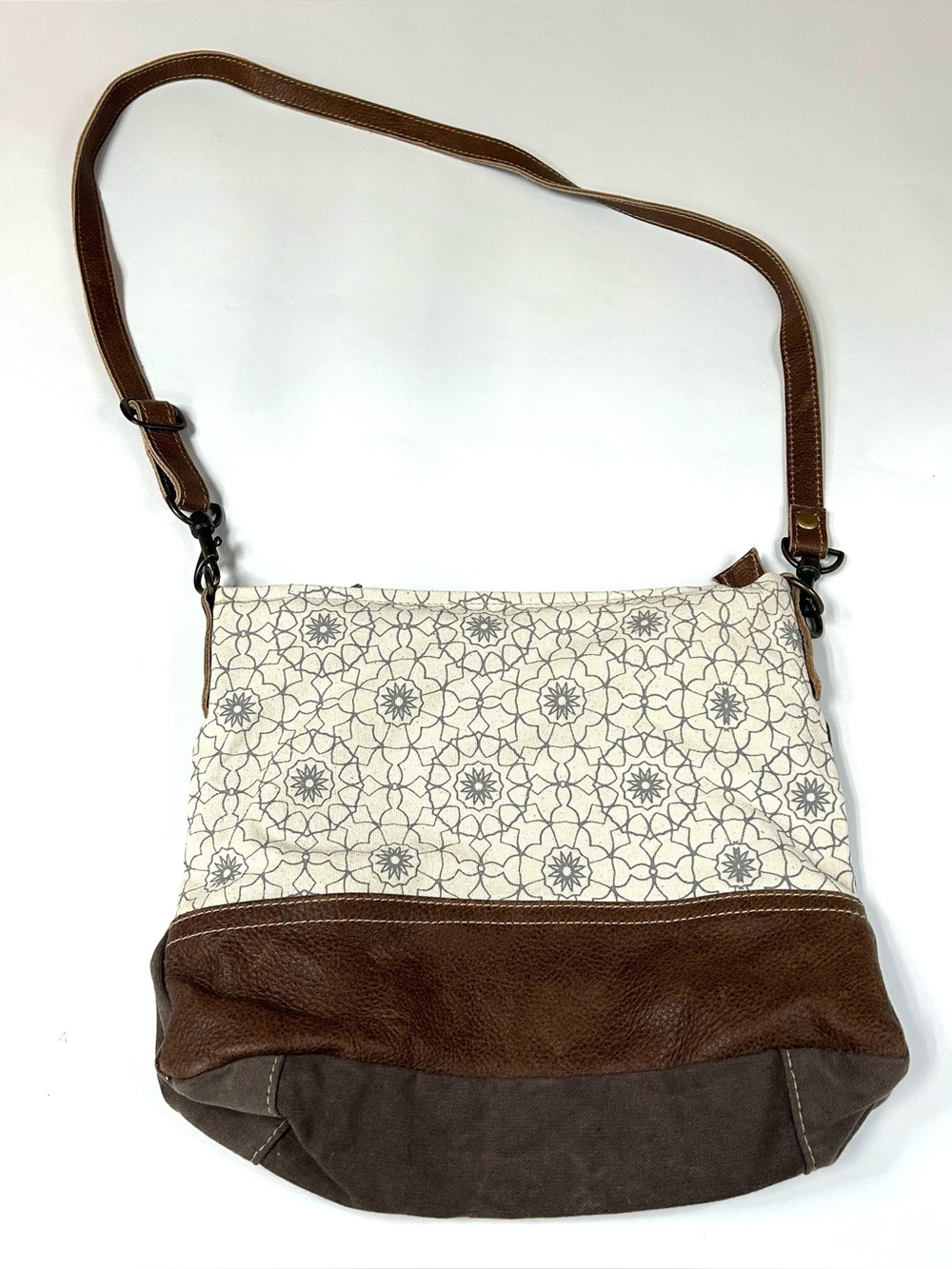 Myra Bag Women’s Crossbody Bag Large Leather Canvas Brown Ivory Boho  #3536